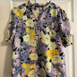 BTBFM Lavender Lemon Floral Boho V-Neck Blouse Smocked Puff Sleeve
